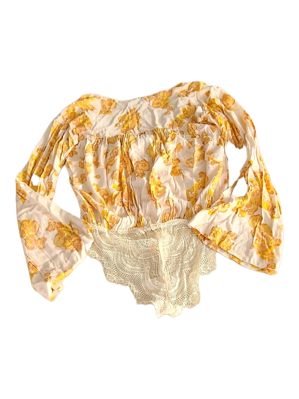 Free People Cream Blouse with Yellow Floral Tie-Front - Picture 3 of 7